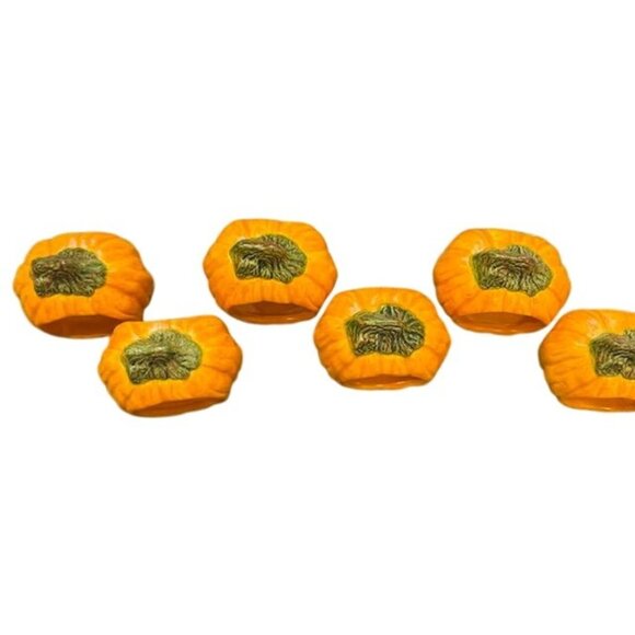Set Of 6 Pumpkin Shaped Ceramic Napkin Rings Orange & Green Autumn Table Decor - Picture 2 of 6